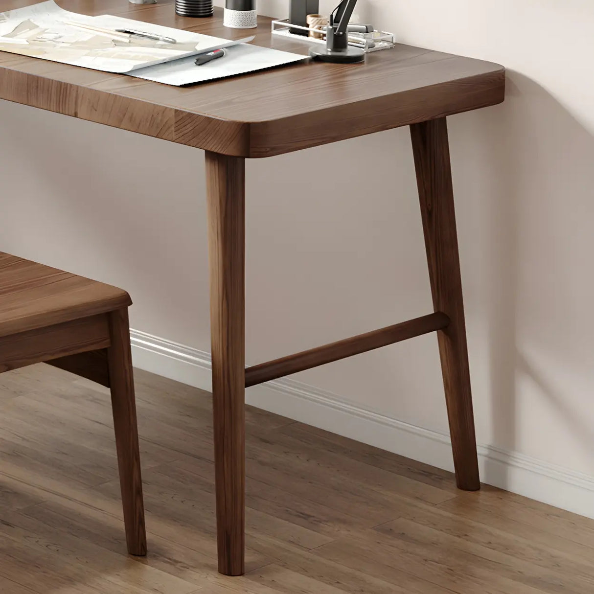 Brown Pine Wood H-Shaped Base Double Writing Desk Image - 8