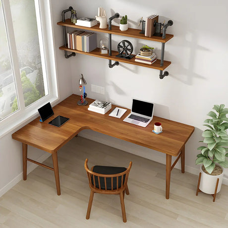 Brown Pine Wood L-Shape Writing Desk with H-Shaped Base Image - 1