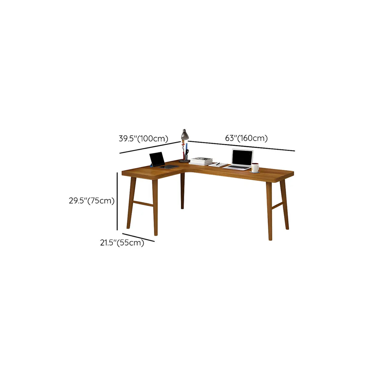 Brown Pine Wood L-Shape Writing Desk with H-Shaped Base Image - 11