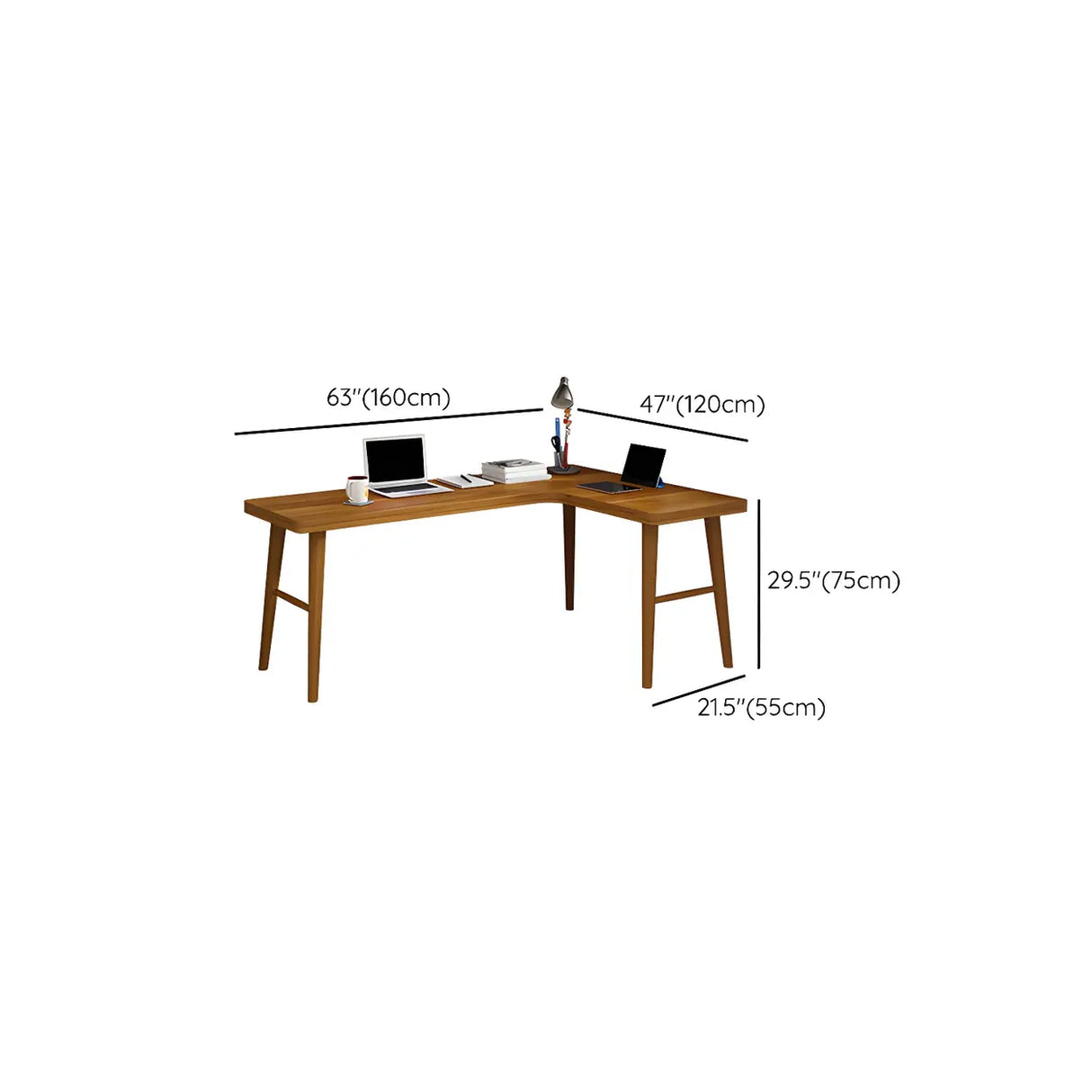 Brown Pine Wood L-Shape Writing Desk with H-Shaped Base Image - 12