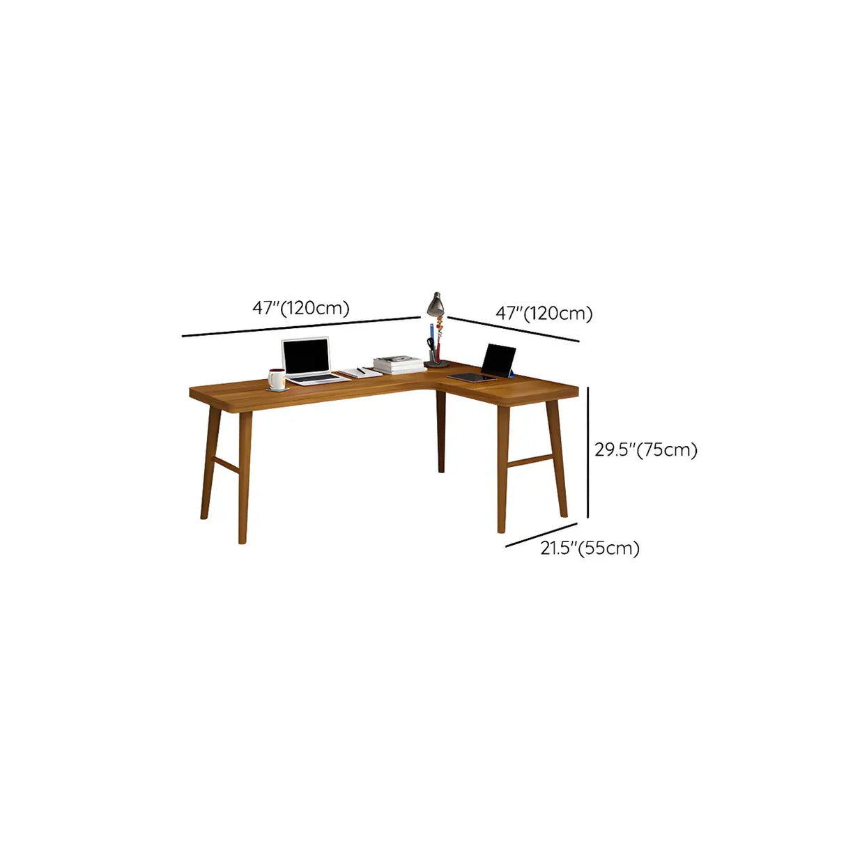 Brown Pine Wood L-Shape Writing Desk with H-Shaped Base Image - 16