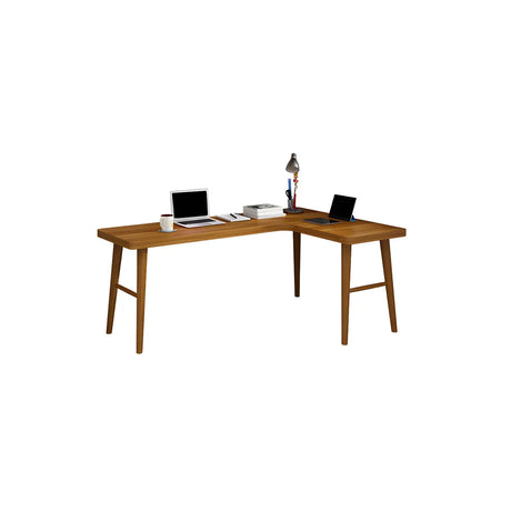 Brown Pine Wood L-Shape Writing Desk with H-Shaped Base Image - 2