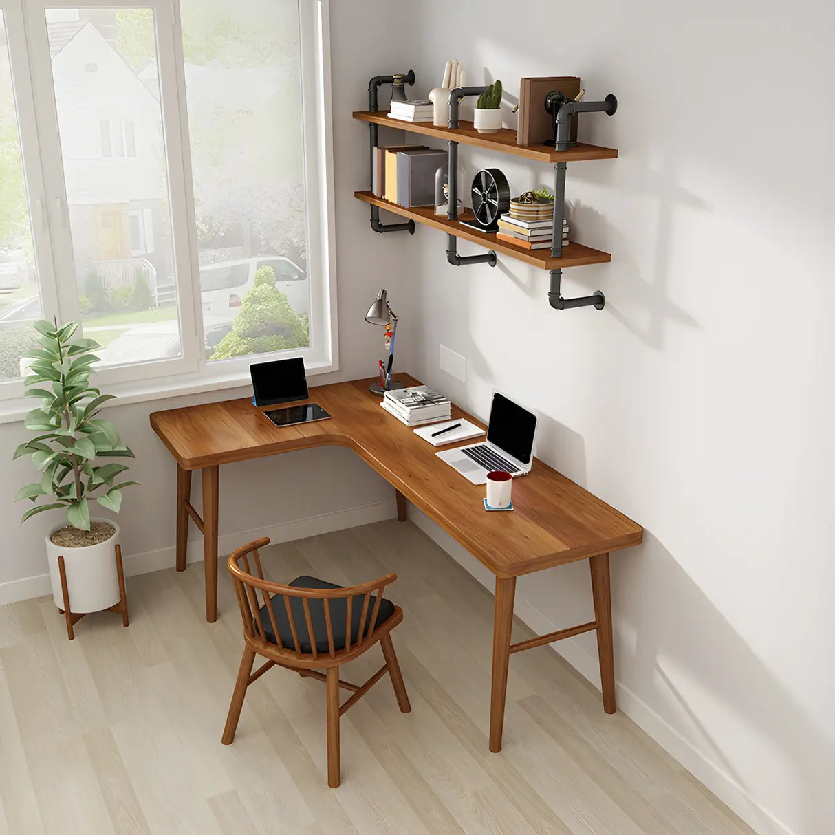 Brown Pine Wood L-Shape Writing Desk with H-Shaped Base Image - 3