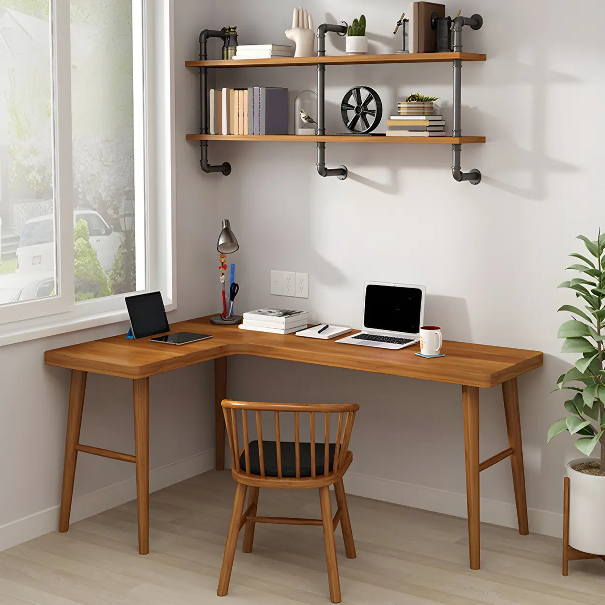 Brown Pine Wood L-Shape Writing Desk with H-Shaped Base Image - 4
