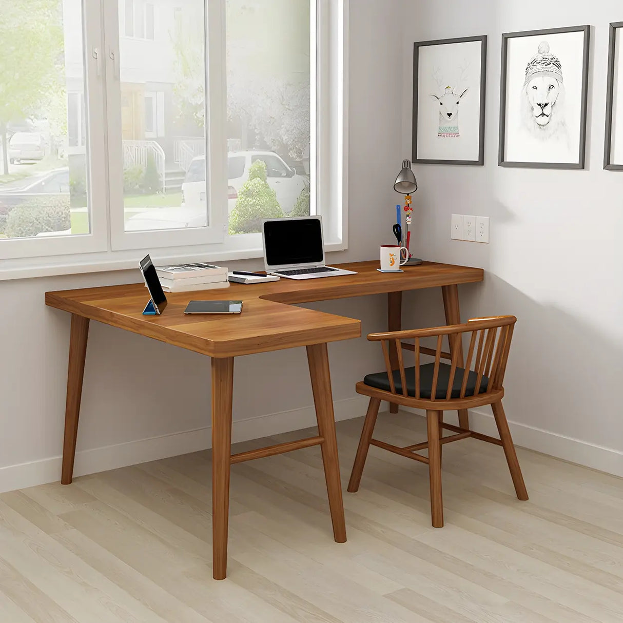 Brown Pine Wood L-Shape Writing Desk with H-Shaped Base Image - 5