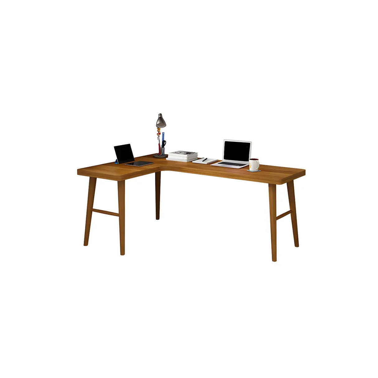 Brown Pine Wood L-Shape Writing Desk with H-Shaped Base Image - 6