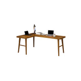 Brown Pine Wood L-Shape Writing Desk with H-Shaped Base Image - 6