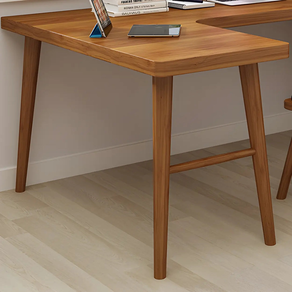 Brown Pine Wood L-Shape Writing Desk with H-Shaped Base Image - 8