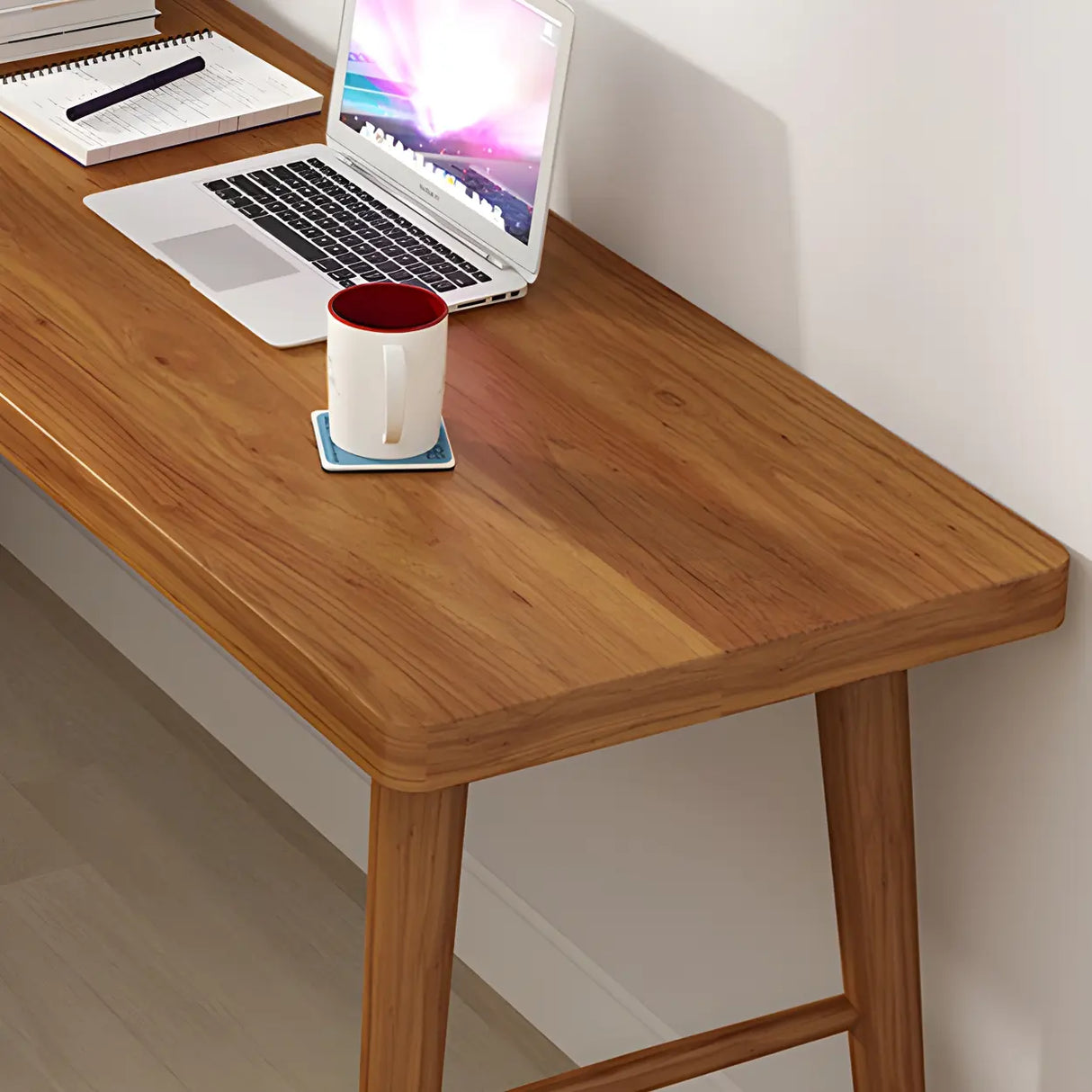 Brown Pine Wood L-Shape Writing Desk with H-Shaped Base Image - 9