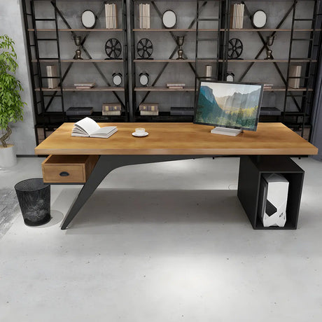 Brown Pine Wood Office Desk with Storage Drawers Image - 1