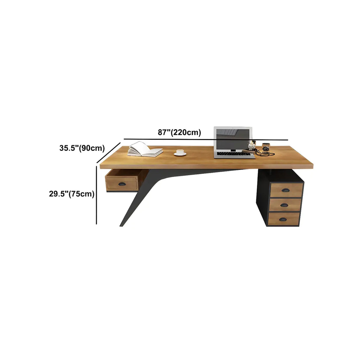 Brown Pine Wood Office Desk with Storage Drawers Image - 11