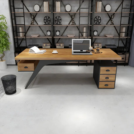 Brown Pine Wood Office Desk with Storage Drawers Image - 2