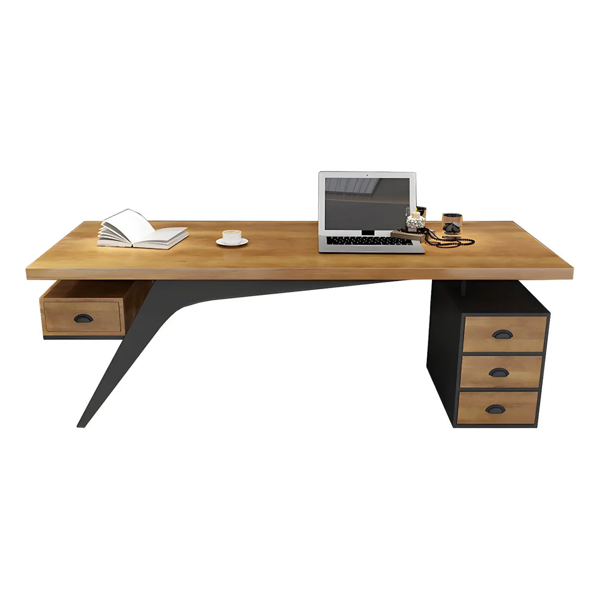 Brown Pine Wood Office Desk with Storage Drawers Image - 3