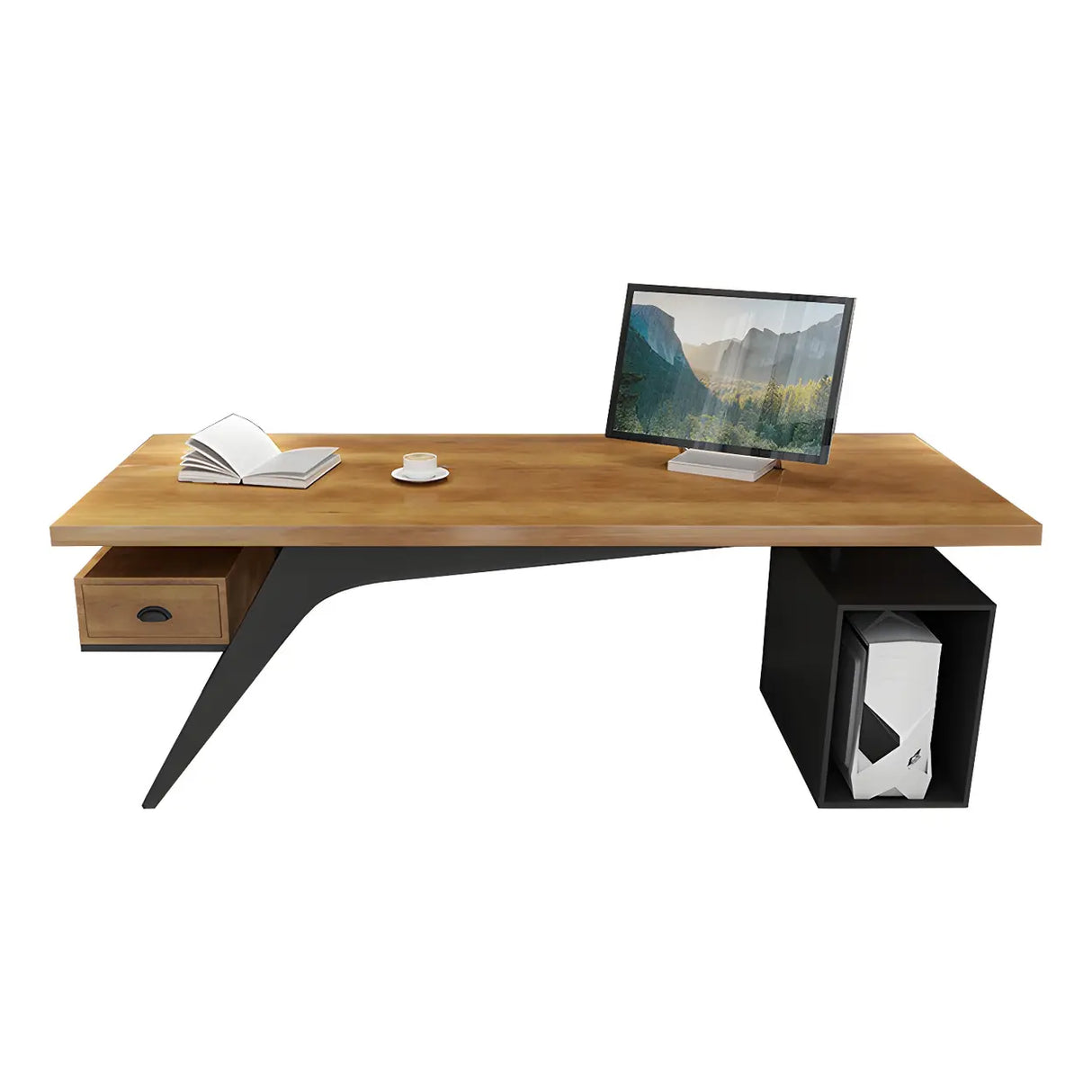 Brown Pine Wood Office Desk with Storage Drawers Image - 4
