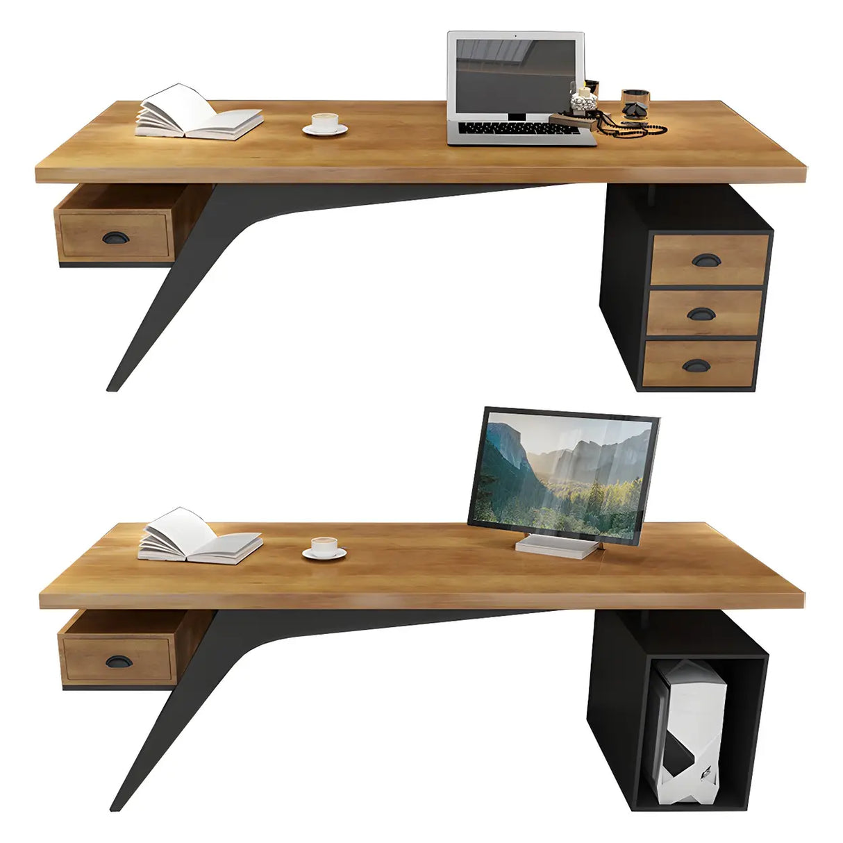 Brown Pine Wood Office Desk with Storage Drawers Image - 5