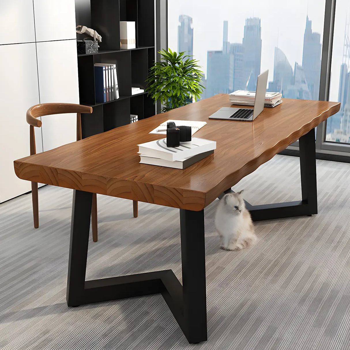 Brown Pine Wood Rectangular Iron Sled Writing Desk Image - 1