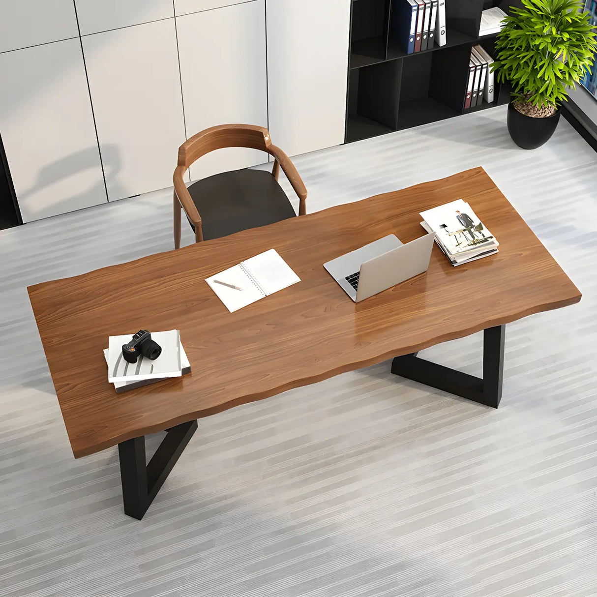 Brown Pine Wood Rectangular Iron Sled Writing Desk Image - 3