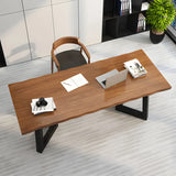 Brown Pine Wood Rectangular Iron Sled Writing Desk Image - 3