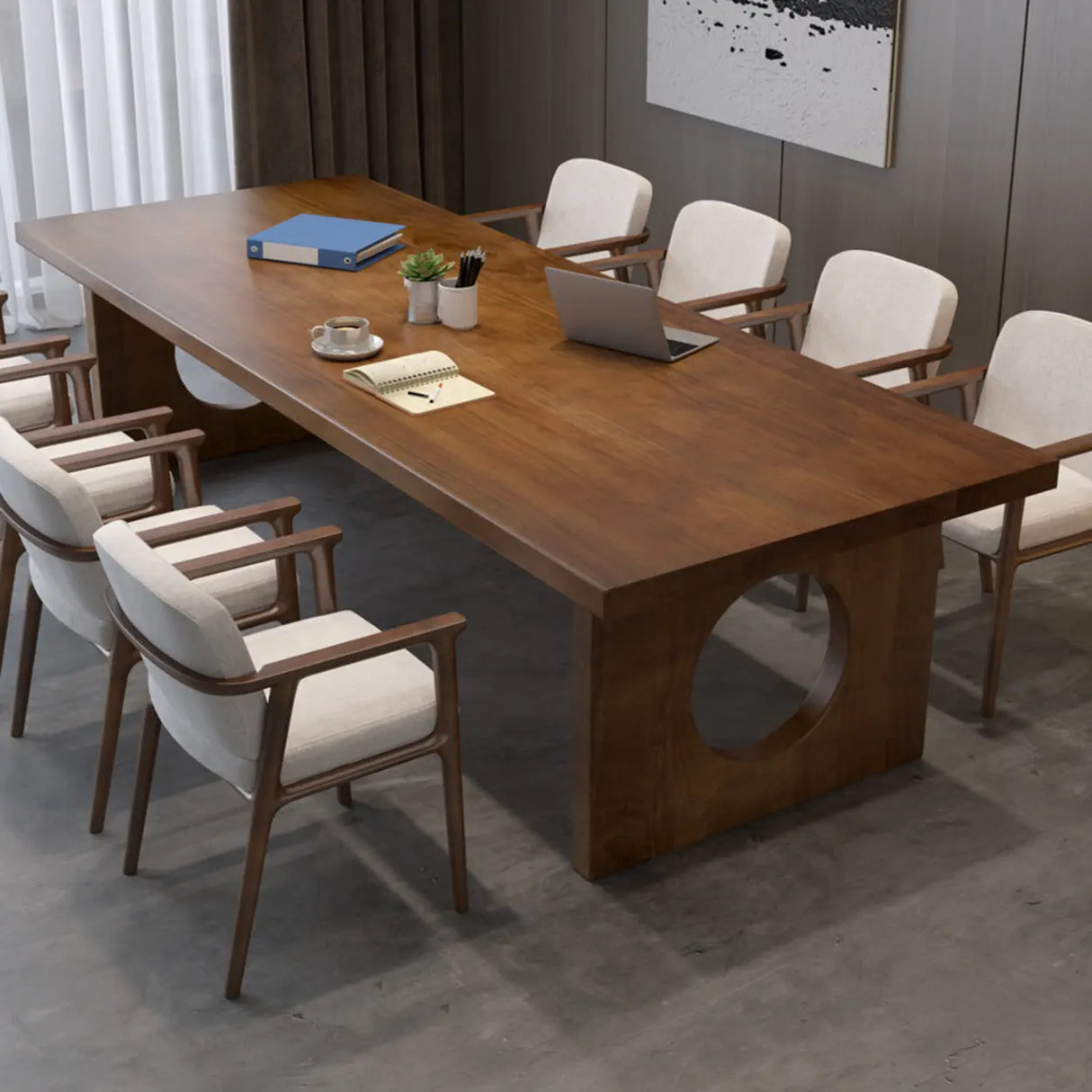 Brown Pine Wooden Multi-person Conference Desk Image - 3