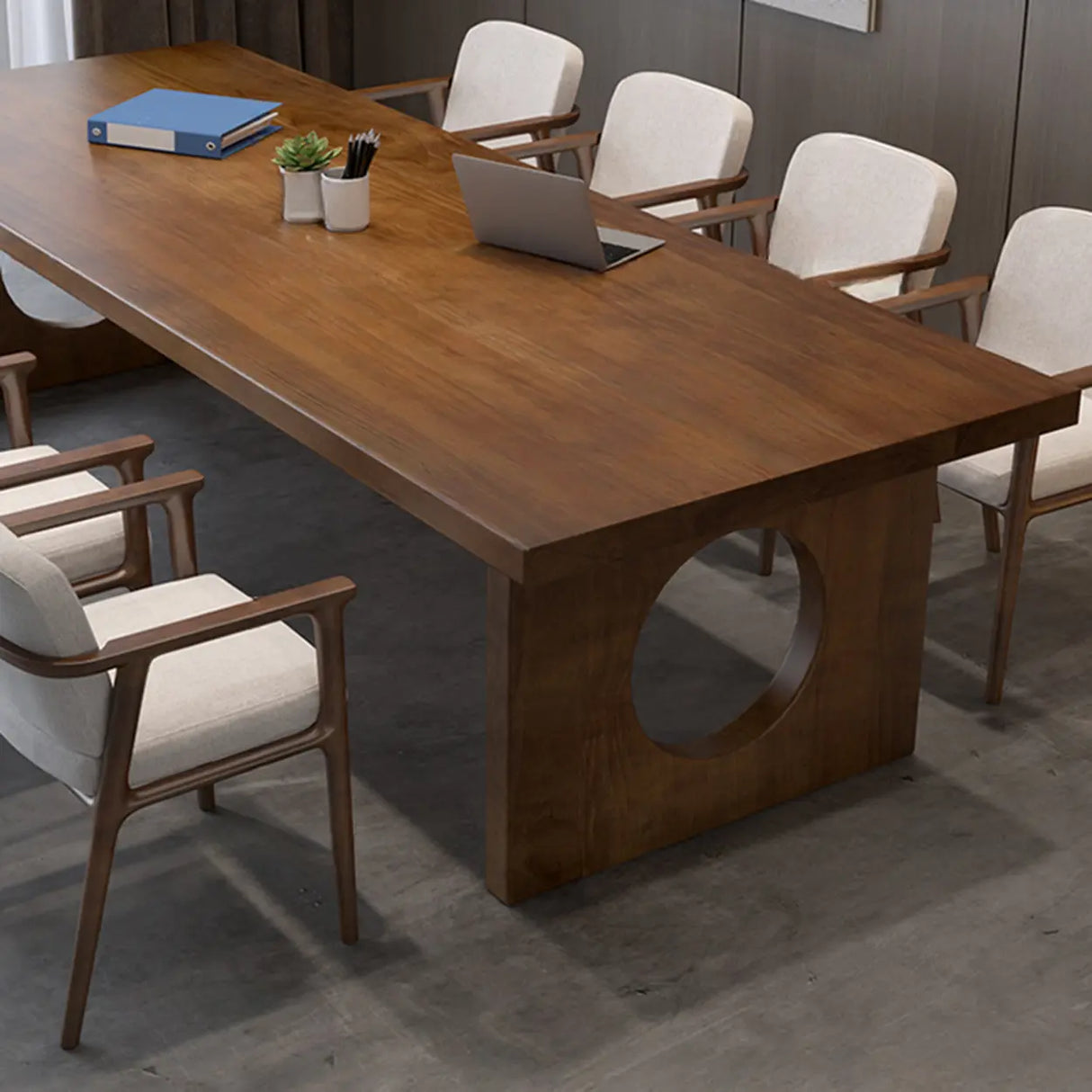 Brown Pine Wooden Multi-person Conference Desk Image - 7