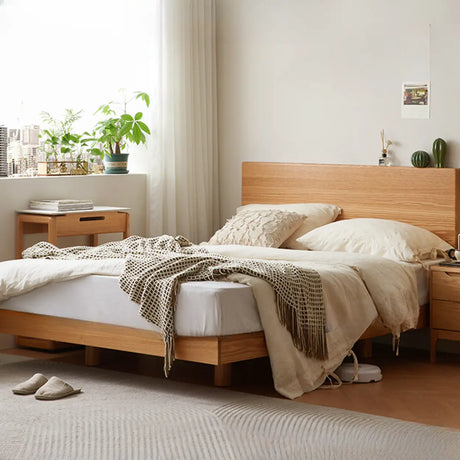 Brown Queen Minimalist Wooden Storage Bed with Shelves Image - 1