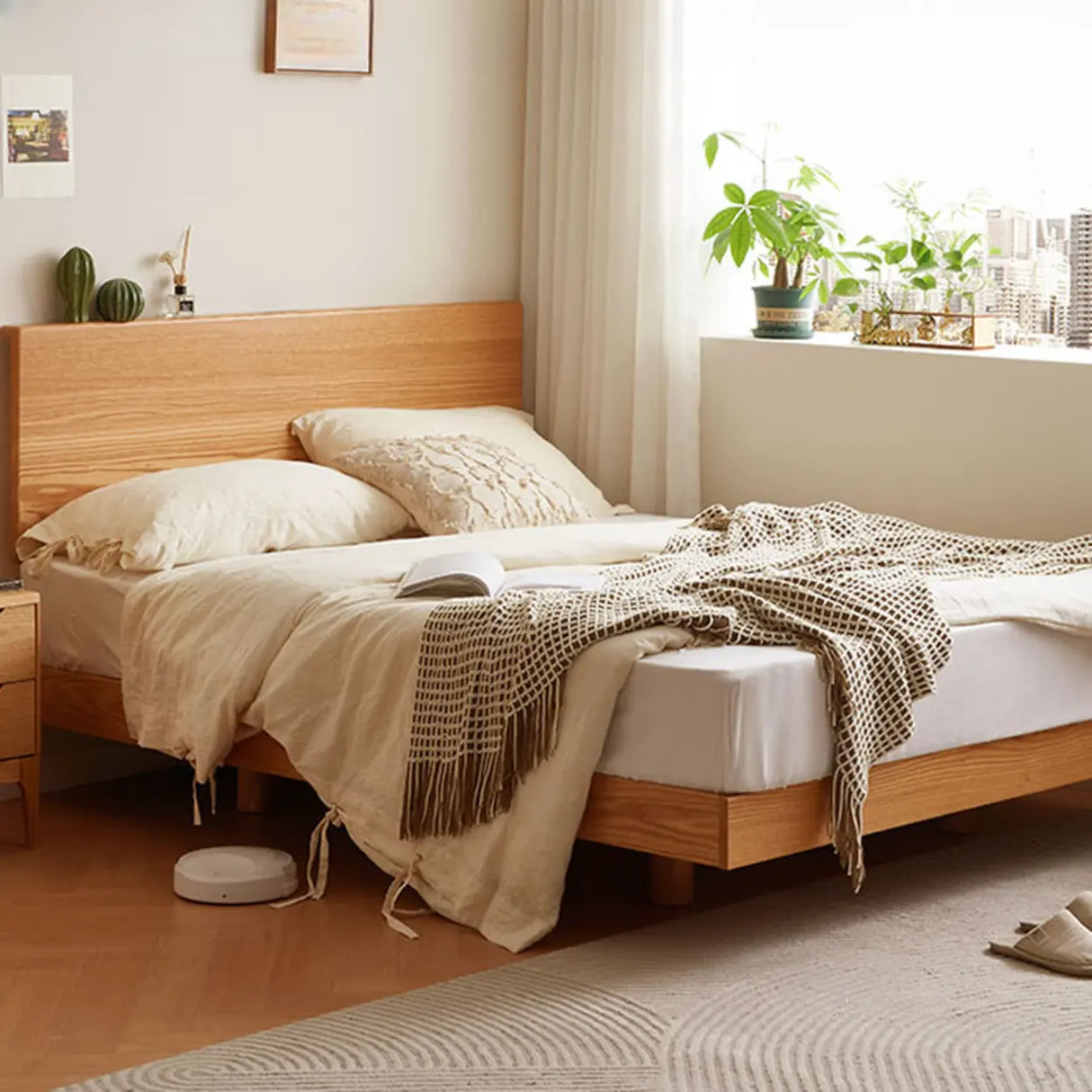 Brown Queen Minimalist Wooden Storage Bed with Shelves Image - 8