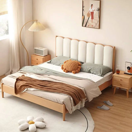 Brown Queen Wave Wood Upholstered Headboard Panel Bed Image - 1