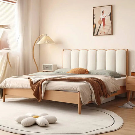 Brown Queen Wave Wood Upholstered Headboard Panel Bed Image - 2