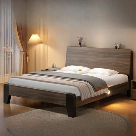 Brown Queen Wood Platform Headboard Bed with Shelf Image - 1