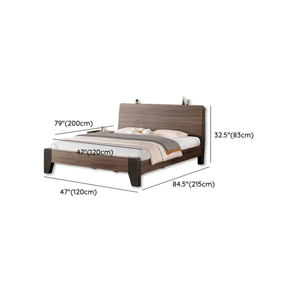 Brown Queen Wood Platform Headboard Bed with Shelf 