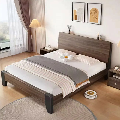 Brown Queen Wood Platform Headboard Bed with Shelf Image - 2