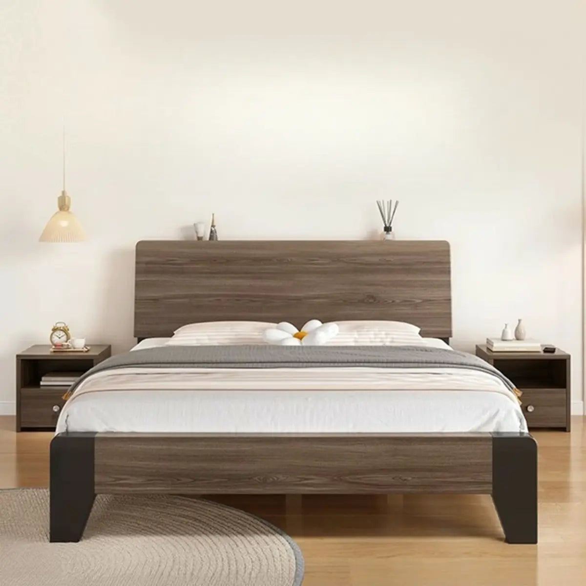 Brown Queen Wood Platform Headboard Bed with Shelf Image - 3