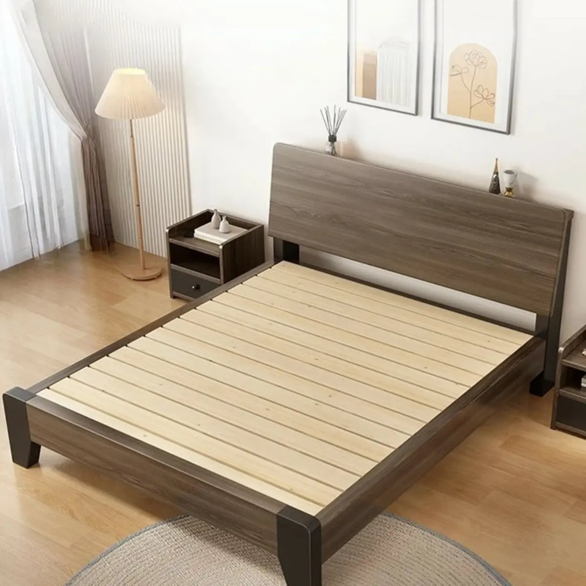 Brown Queen Wood Platform Headboard Bed with Shelf Image - 4