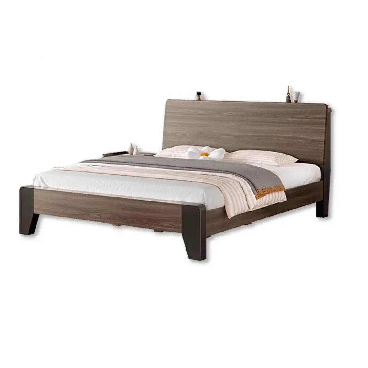 Brown Queen Wood Platform Headboard Bed with Shelf Image - 5