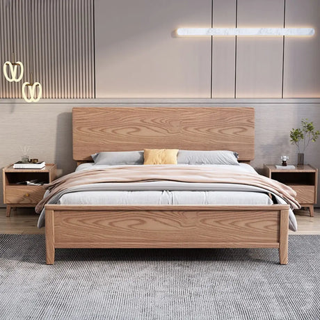 Brown Queen Wood Solid Color Panel Bed with Headboard Image - 1