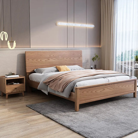 Brown Queen Wood Solid Color Panel Bed with Headboard Image - 2