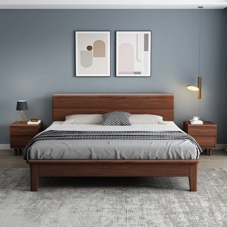 Brown Queen Wood Untufted Panel Bed Frame with Headboard Image - 1
