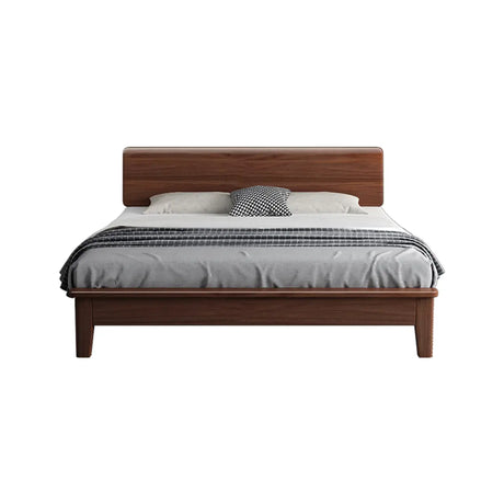Brown Queen Wood Untufted Panel Bed Frame with Headboard Image - 2