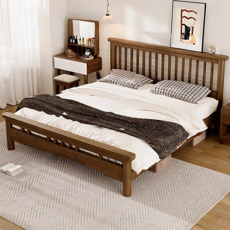 Brown Queen Wooden Headboard Frame Slat Bed with Legs Image - 1