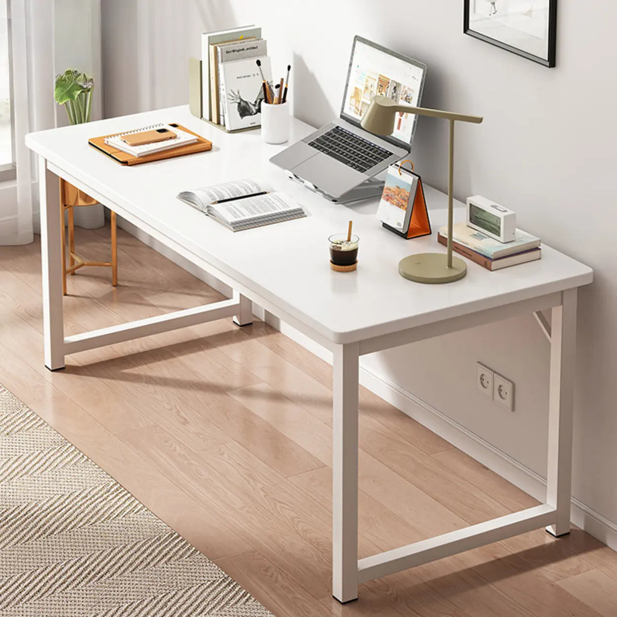 Brown Rectangle Butcher Block H-Shape Writing Desk Image - 32