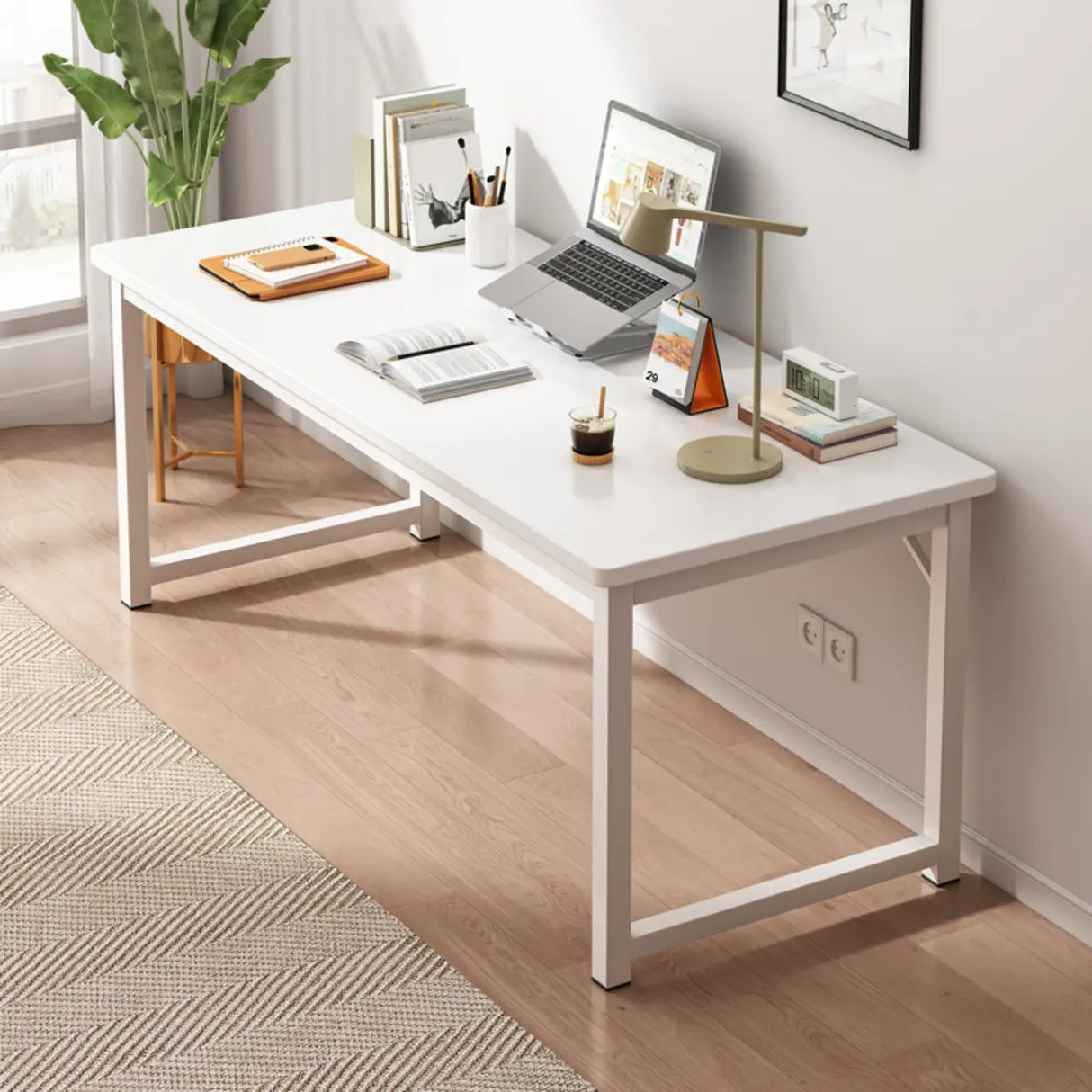 Brown Rectangle Butcher Block H-Shape Writing Desk Image - 4