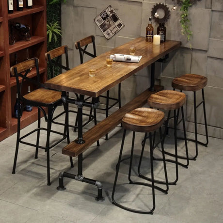 Brown Rectangle Distressed Wood Bar Table With Footrest Image - 1