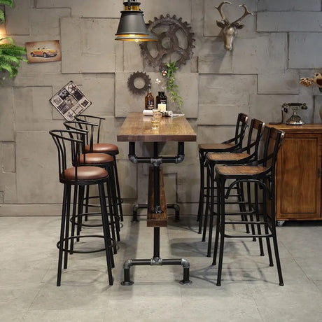 Brown Rectangle Distressed Wood Bar Table With Footrest Image - 2