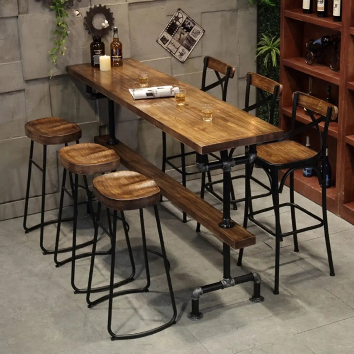 Brown Rectangle Distressed Wood Bar Table With Footrest Image - 3