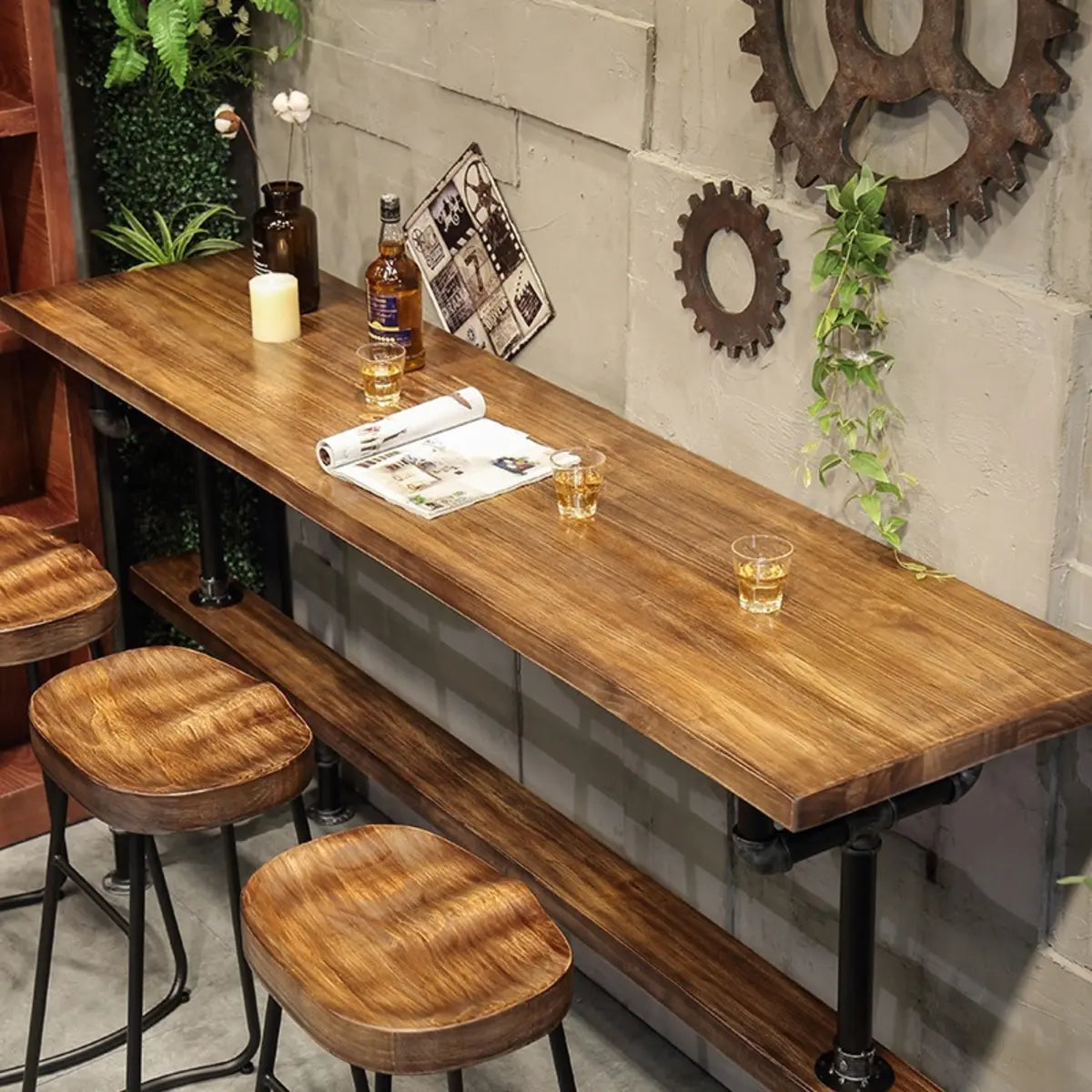 Brown Rectangle Distressed Wood Bar Table With Footrest Image - 4