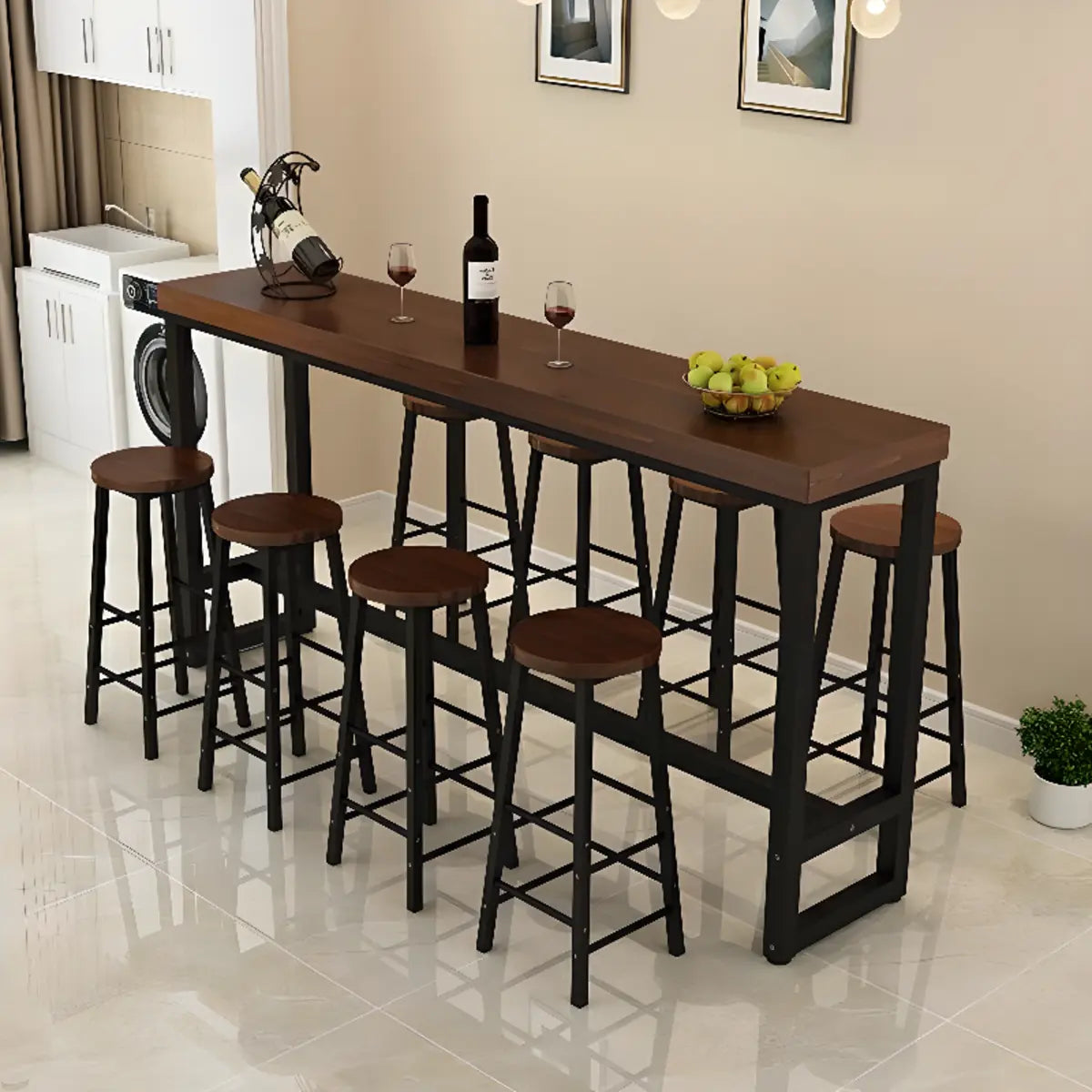 Brown Rectangle Wood Entertaining Bar Table With Footrest Image - 4