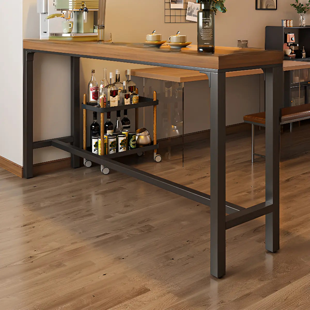 Brown Rectangular Metal Large Bar Table with Footrest Image - 3