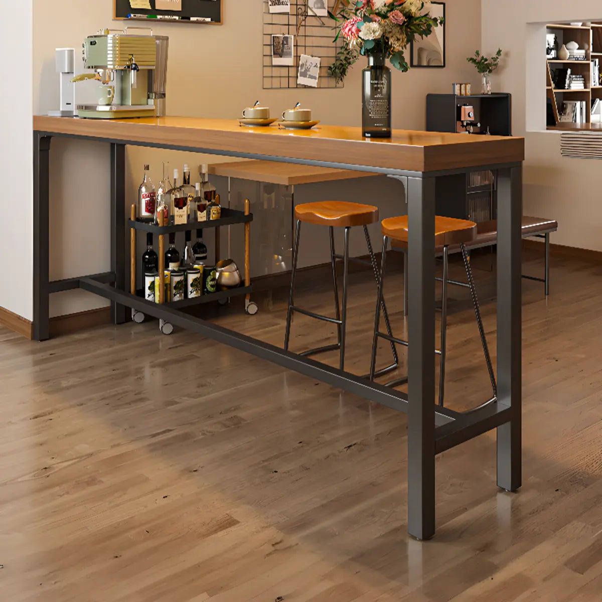 Brown Rectangular Metal Large Bar Table with Footrest Image - 4