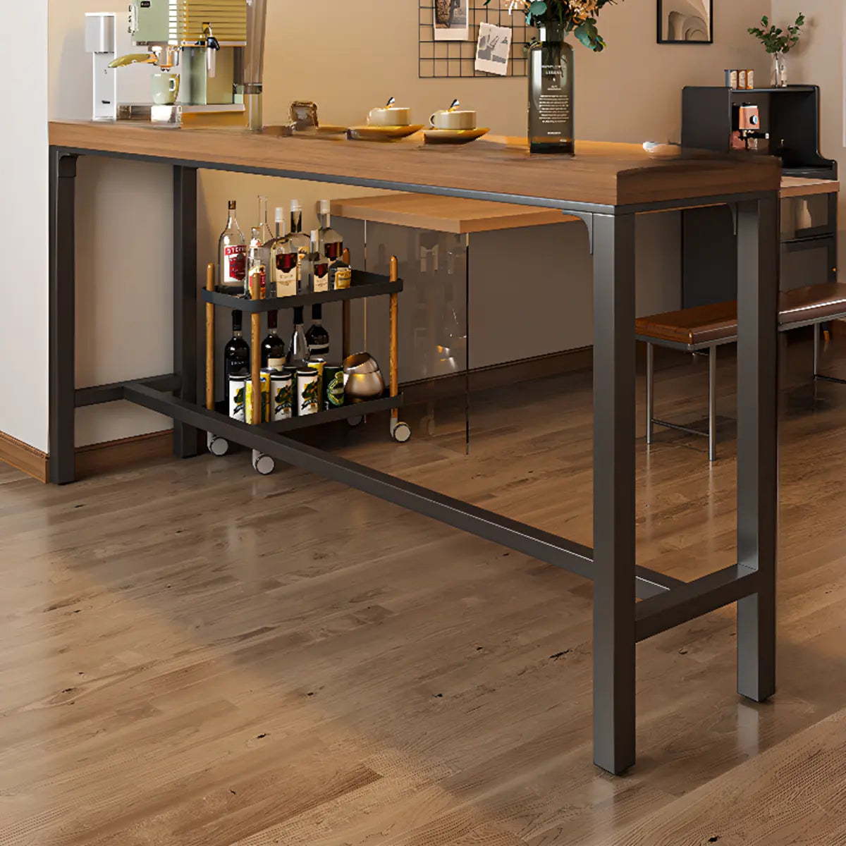 Brown Rectangular Metal Large Bar Table with Footrest Image - 5