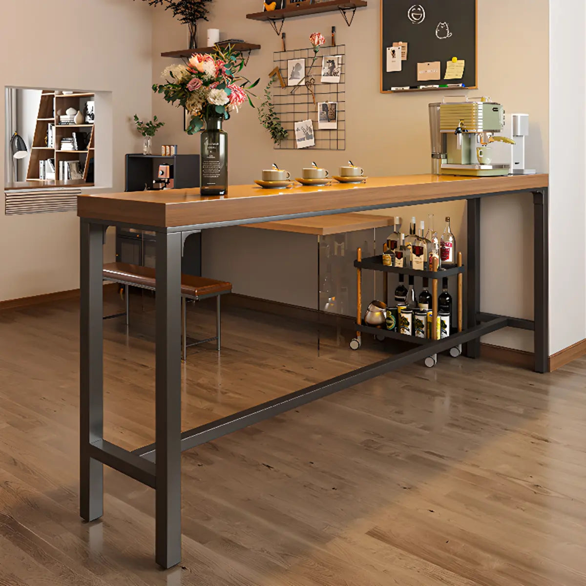 Brown Rectangular Metal Large Bar Table with Footrest Image - 6